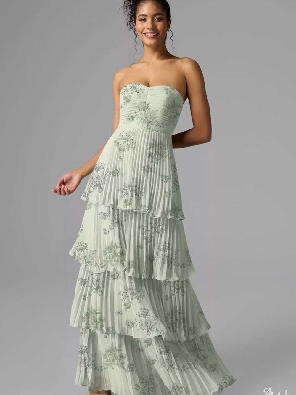 Strapless Mint Floral Tiered Pleated Gown